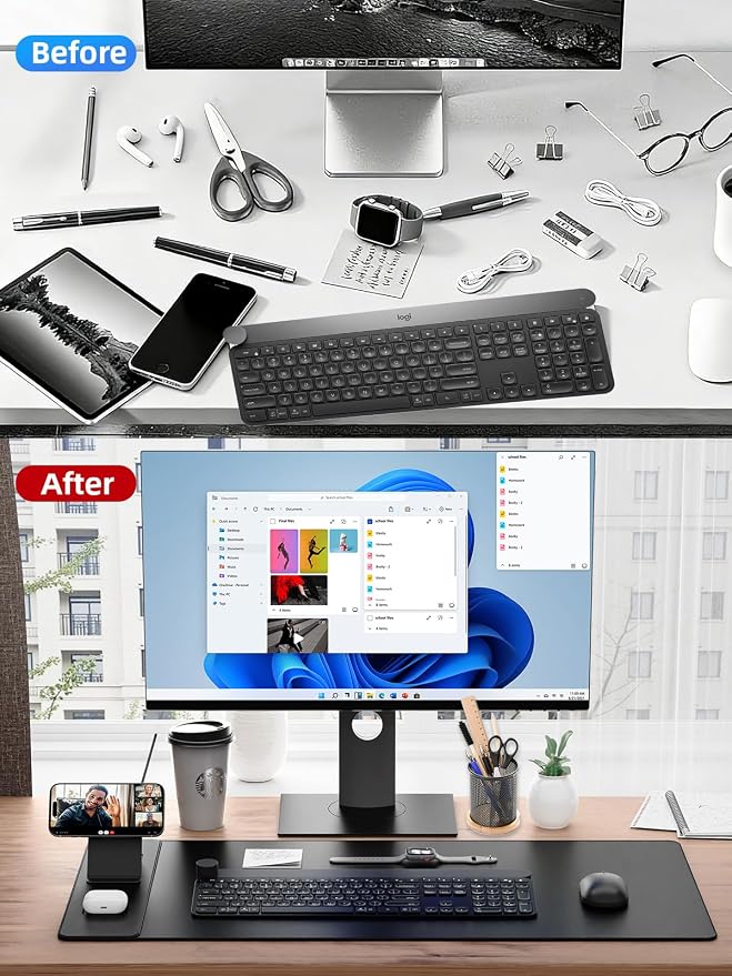 Mouse Pad with Magnetic Wireless Charging Phone Stand, 31.5"x15.8" Large, Waterproof Smooth Surface, Non-Slip Base, No Adapter