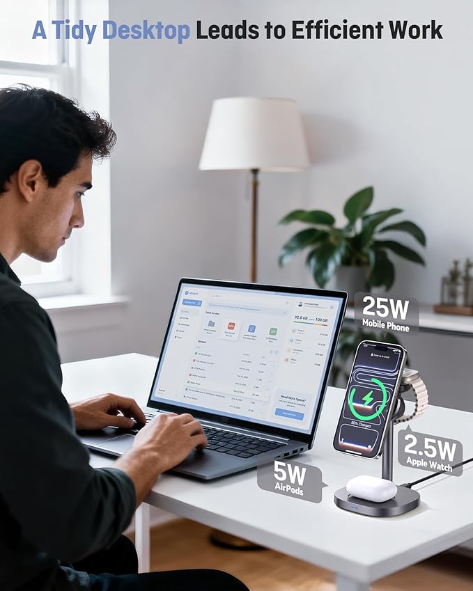Augnner 3 in 1 Wireless Charging Station, 25W Certified Fast Magnetic Charger, Mag-Safe Wireless Charger Stand with TEC Active Cooling, for iPhone17/16/15/14/13/12, Apple Watch/AirPods