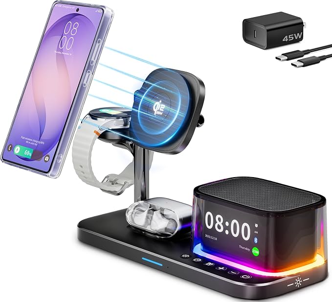 6-in-1 Magnetic Charging Station for Samsung,Qi2.2 25W Fast Wireless Charger for S26 Ultra,Alarm Clock/Night Light/Bluetooth Speaker,Charger Stand for Magsafe for S26 Plus/S25/Z Fold7&Galaxy Watch 8/7