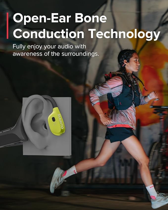 SUUNTO Wing Open-Ear Bone Conduction Headphone, Bluetooth Wireless Sport Headphone w/Head Movement Control, Built-in HD Mic, IP67 Sweatproof, Safety Lights, Total 30H Playtime w/Charging Stand, Lime