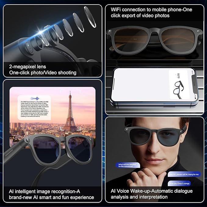 AI Smart Glasses for Men & Women, HD Camera Glasses, Video Recorder, AI Real time Translation, Music Playback, Hands-Free Calls, 4 Color Lenses for Daily Use,Travel