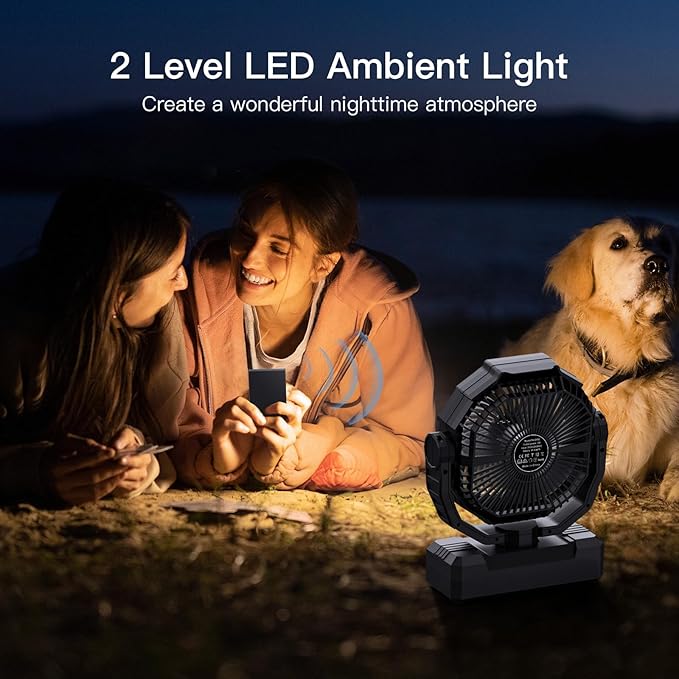 FRIZCOL 3-in-1 Camping Fan - Portable Fans Rechargeable - 48000mAh Battery Powered Fan with Light & Remote for Indoor, Outdoor, Tent, Travel, Fishing, Jobsite, Gifts for Men Dad Him - Black