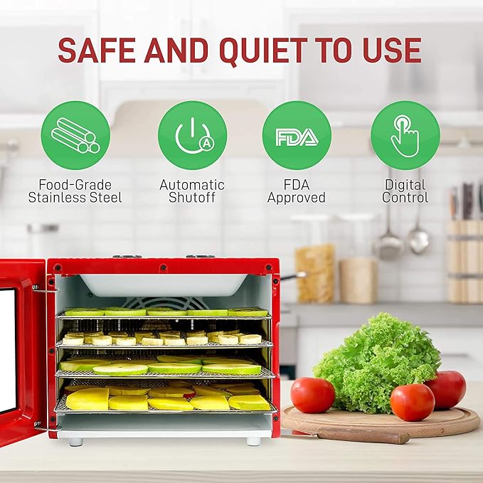NutriChef Electric Countertop Food Dehydrator Machine - 350-Watt Premium Multi-Tier Meat Beef Jerky Maker Fruit/Vegetable Dryer w/ 4 Stainless Steel Trays, Digital Timer, Temperature Control