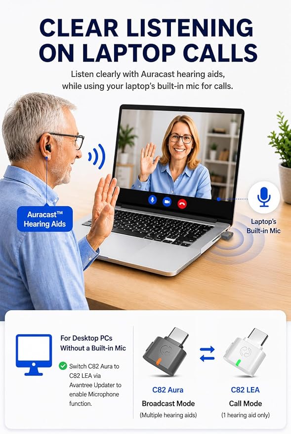 Avantree C82 Aura – Auracast Transmitter with Private & Public Modes for Auracast Hearing Aids, Qualcomm Bluetooth 5.4, Firmware Upgradeable, USB-C Audio Adapter for PC, Mac, Tablets, Phones