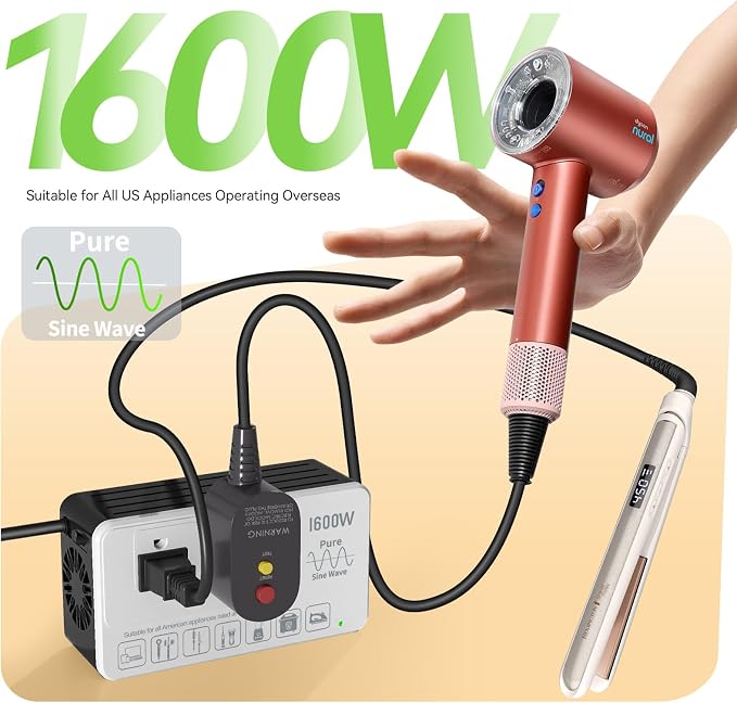 1600W 220V to 110V Voltage Converter, Pure Sine Wave, No Limitations - Power Any American Appliance Overseas, Voltage Converter US to Europe International Travel with Universal Power Plug Adapter