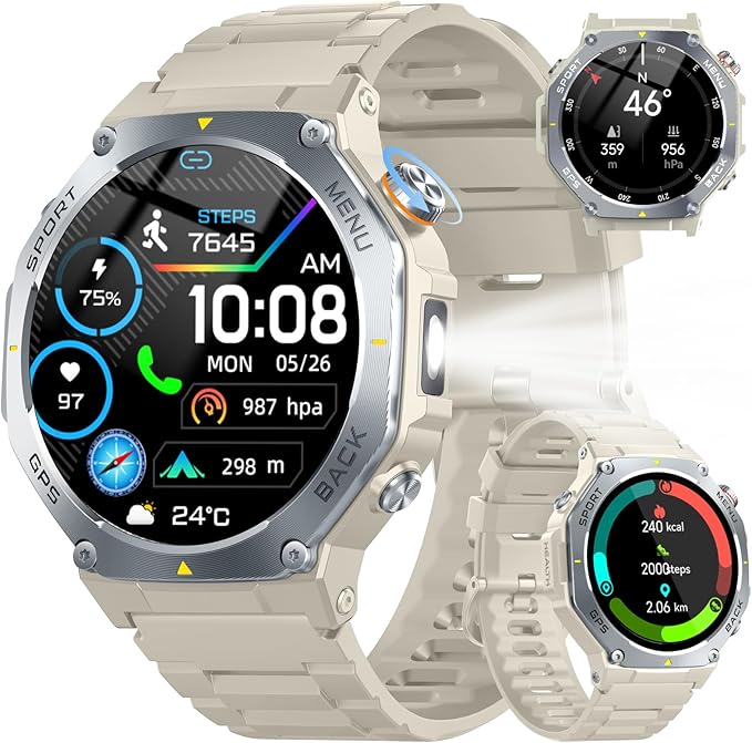 Jugeman Military Smart Watch for Men Answer Make Calls, 5ATM Waterproof Rugged Fitness Tracker with GPS, LED Flashlight, Compass, Heart Rate Sleep Monitor,1.43" AMOLED Display Smartwatch