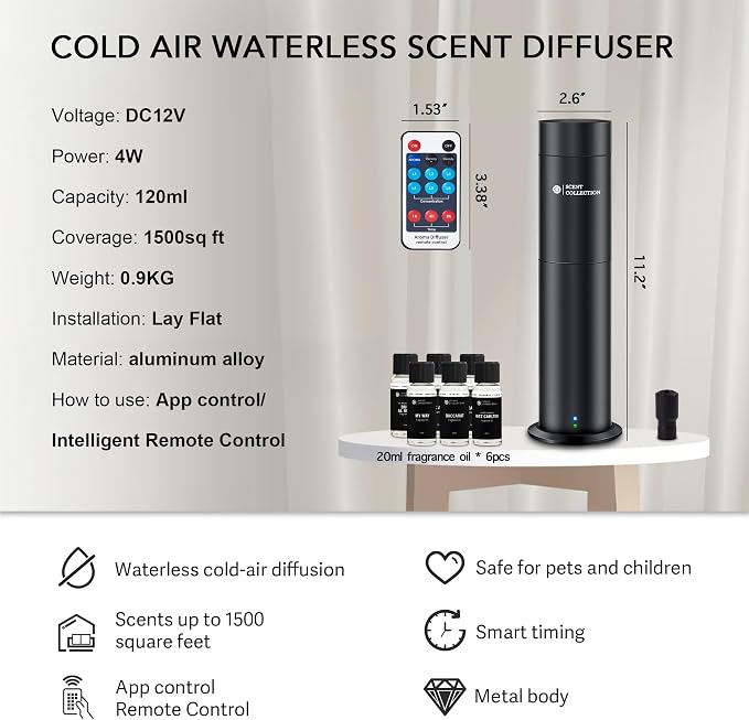 Hotel Waterless Scent Diffuser –Essential Oil Diffuser with 6 Hotel Scents, Aromatherapy Nebulizing No Locked Oil Bottle Diffuser Covers up to 700 Sq Ft, Quiet Fragrance Machine for Home, Spa & Office