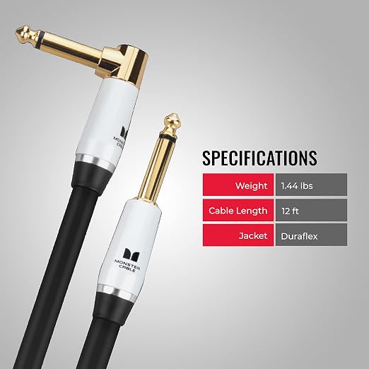 Monster Prolink Studio Pro 2000 Instrument Cable, 12 ft Right Angle to Straight Guitar Cable, 24k Gold Contacts, 95% Copper Braided Shielded Amp Cord, Duraflex Jacket for Electric Guitar & Bass