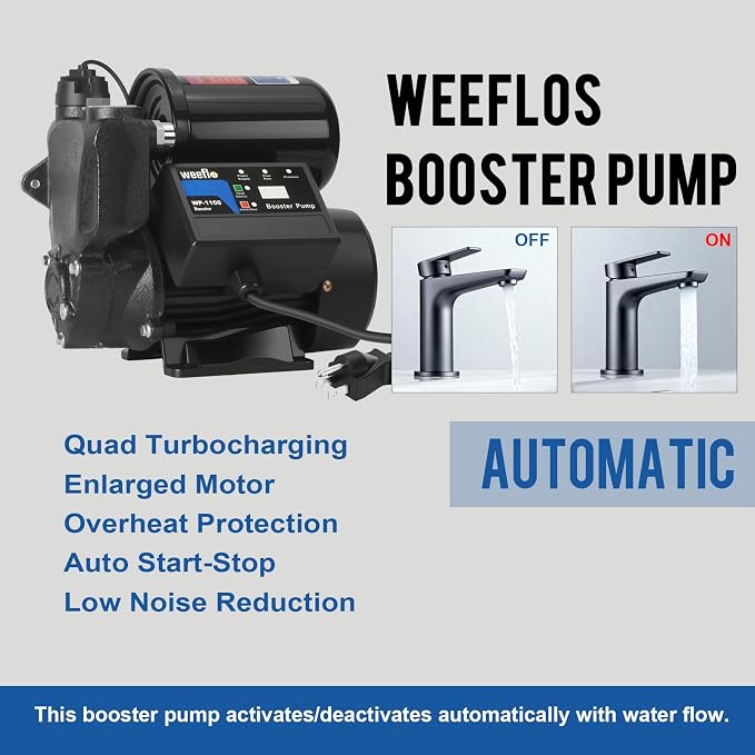 1.5HP Automatic Booster Pump, 1600 GPH Water Pump, 100ft Max Head, Mechanical Pressure Switch, Self-Priming Utility Pump for Shower, Irrigation, Basement, Garden, Pool (1.5HP/100FT)