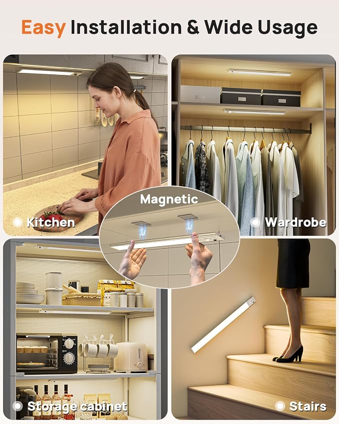 16inch Under Cabinet Lighting Wireless, 4000mAh Rechargeable Motion Sensor Light Indoor, LED Closet Lights with Remote, 3 Color Temps Dimmable Magnetic Under Counter Lights for Kitchen, Stair, 4 Pack