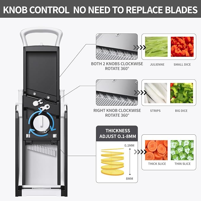 QYKIC Upgrade Safe Mandoline Slicer Biger, Adjustable Vegetable Chopper Potato Slicer, Detachable, Dishwasher Safe Kitchen Chopping Artifact for Meal Prep (BlackWhite)