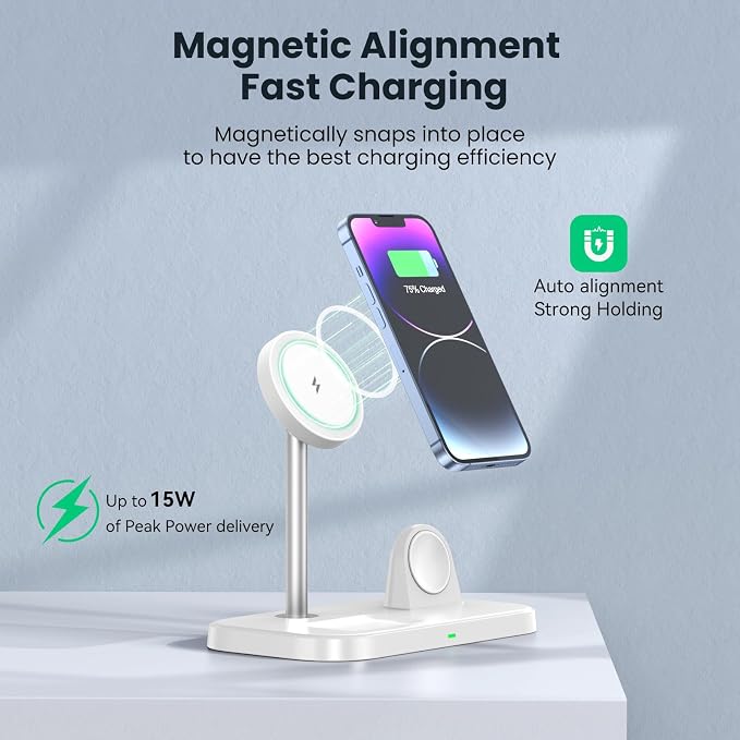 3 in 1 Wireless Charging Station for Apple Devices, MagSafe Charger Stand with 30W Adapter, Wireless Charger for iPhone 15/14/13/12 Series, Apple Watch Series 1-9 and AirPods (White)