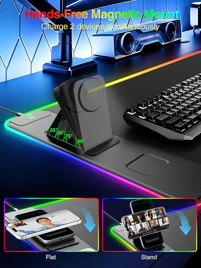 RGB Gaming Mouse Pad with Magnetic Wireless Charging & Phone Stand, 31.5"x15.8" Large, 25 Light Effects, Non-Slip Base, Waterproof Ultra-Smooth Surface, No Adapter