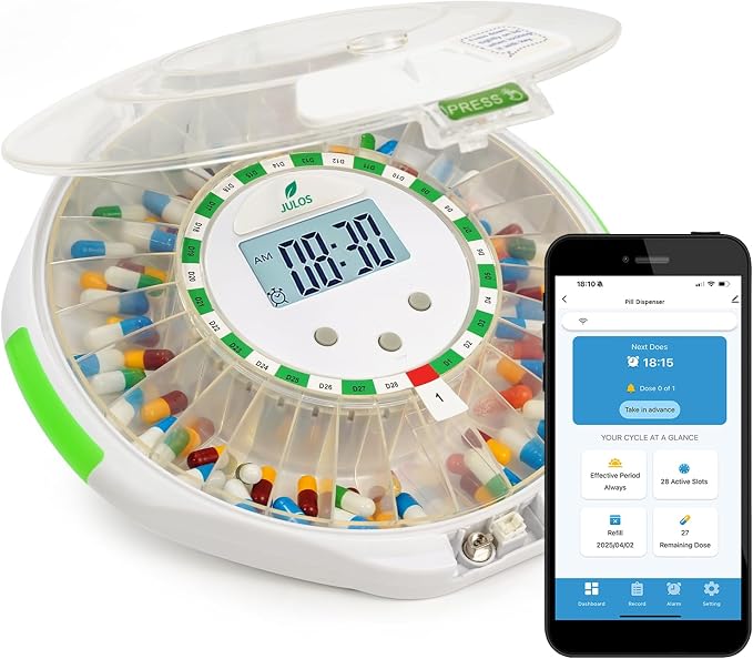 WiFi Automatic Pill Dispenser with Remote App Monitoring for Elderly - Up to 9 Alarms/Day, Locked 28-Day Medication Organizer with Sound Light Reminders for Vitamins, Prescriptions, Supplements