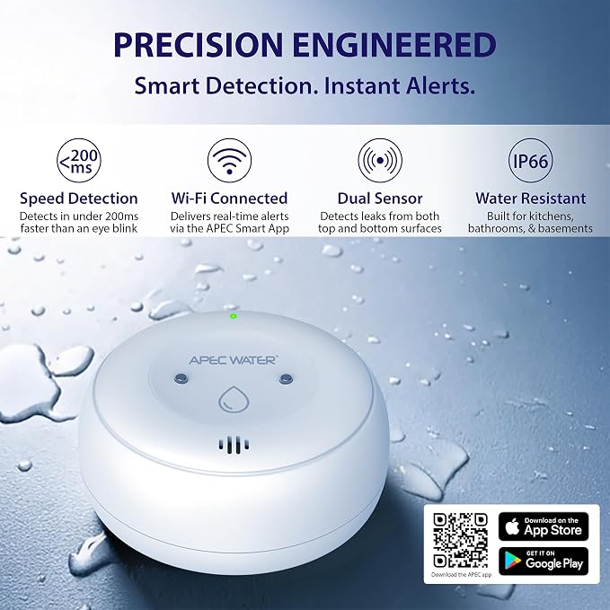 APEC WATER WiFi Water Leak Detector for Home, App Connected get Real-Time Alerts, Highly Reliable Dual Sensor Wet Moisture Detection (3PK)