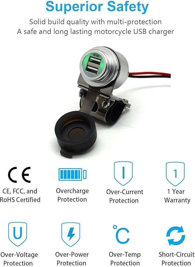 Cliff Top Motorcycle USB Charger Waterproof Dual USB Port 4A 20W Aluminium, with Magnetic Power Switch Heavy Duty for 7/8’’ and 1’’ Handlebars - Prevents Battery Drain (Silver)