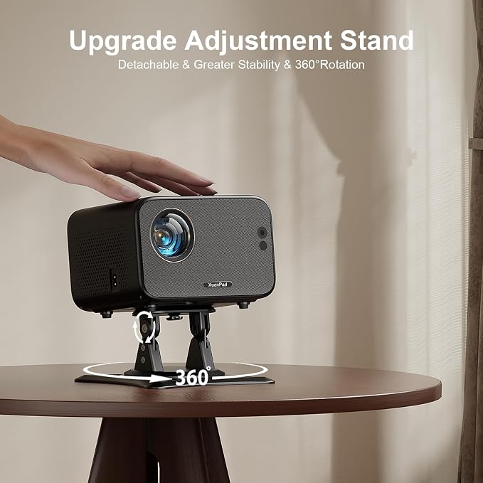 [Officially-Licensed App & Auto Focus]Light Black Smart Mini Projector with WiFi and Bluetooth, XuanPad 4K Support Movie Projector, Portable Native 1080P Outdoor Projector with 360° Stand