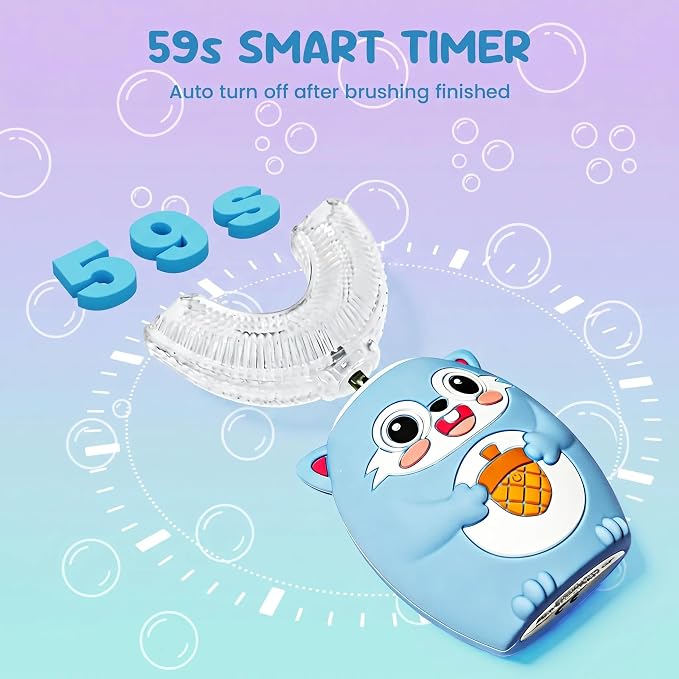 Kids U-Shaped Automatic Electric Toothbrush, Children’s 360° Mouthpiece Design for Full-Mouth Cleaning, 3 Cleaning Modes, Cute Animal Squirrel Style