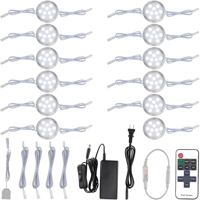 Hardwired Under Cabinet Puck Light Kit, Linkable Daisy Chained Wireless Remote Control Dimmable, 110V Wall Plug Electric Wired to 12V LED Display Case Shelf Lighting, 12 Lights, Cool White
