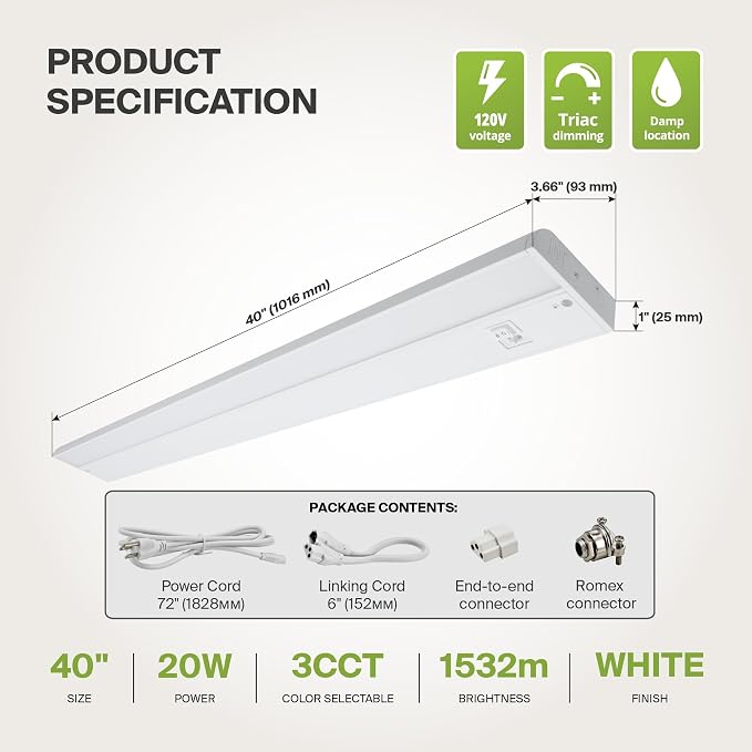 ASD LED Under Cabinet Lighting Plug in or Hardwired 40 Inch, Dimmable Under Cabinet Lights with High/Low/Off Switch, 3CCT 2700K-4000K, Linkable Under Counter Lights for Kitchen, ETL Listed, White