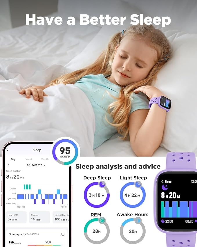 BIGGERFIVE Smart Watch for Kids No APP No Phone Needed, 1.8" Fitness Tracker Watch Pedometer, Heart Rate, Sleep Monitor, IP68 Waterproof, Step Counter, Puzzle Games for Girls Teens 5-16, Lilac