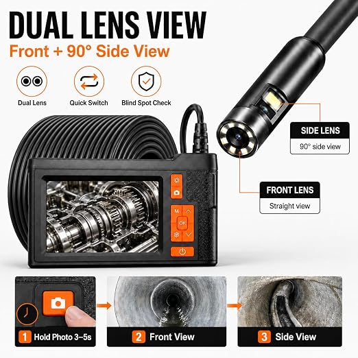33FT Dual Lens Endoscope Camera with Light, 4.3" Borescope with Photo/Video(Built-in 32GB Card), IP67 Waterproof with 8 LED Lights, Semi-Rigid Snake Cable for Pipe, Engine & HVAC Inspection