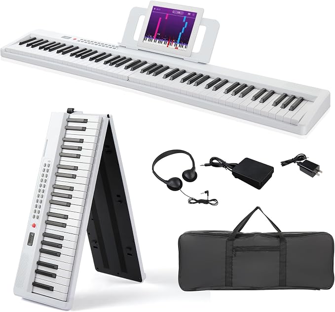 Ktaxon 88 Key Foldable Electronic Keyboard Piano, Semi-Weighted Electric Piano Digital Piano with Dual Bluetooth Mode, 1000 Rhythms, 1000 Tones and 50 Demos for Beginners Adults(White)