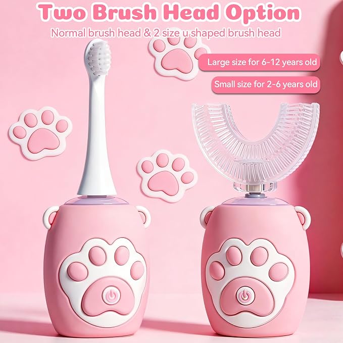 Kids U Shaped Electric Toothbrush for Age 2-12, Rechargeable Toddler Toothbrush with Smart Timer & 3 Clean Modes, Cat's Claw Design, IPX7 Waterproof, 3 Brush Heads & 360°Cleaning
