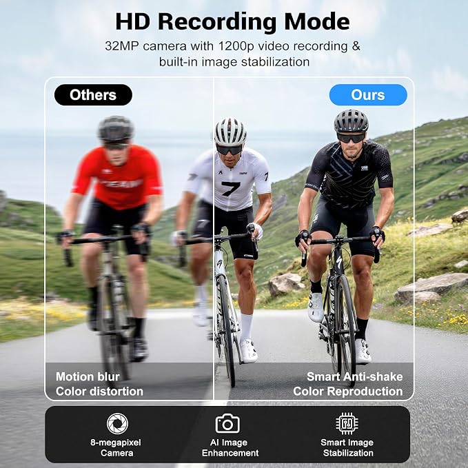 Smart Glasses with Camera and Bluetooth, POV Glasses with Photochromic Lens, 32MP Anti-Shake Camera, EIS Stabilization, IP64 Waterproof Sports Sunglasses for Cycling Running Hiking Baseball