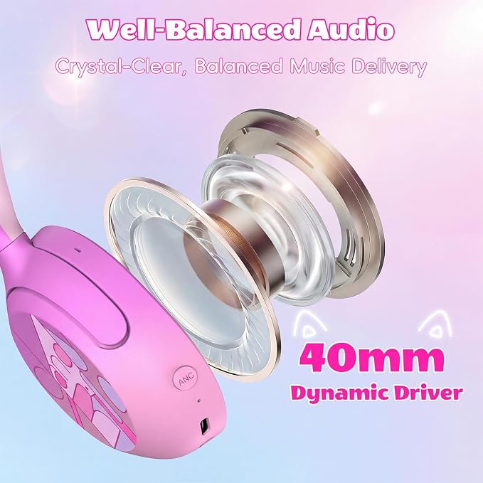 Kids Bluetooth Headphones with LED Cat Ears, Active Noise Cancelling Headphones for Kids, 85dB Safe Volume, 40H Play Time, Bluetooth 6.0, Fast Charging, Built-in Mic for iPad/Tablet/Airplane, Pink