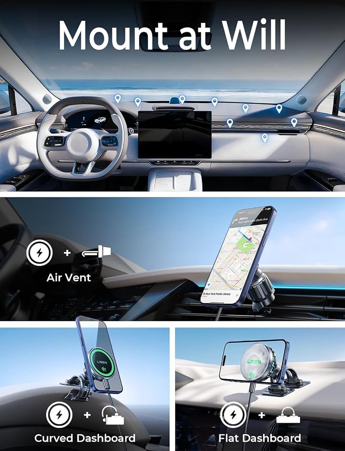LISEN Qi2.2 25W MagSafe Car Mount Charger [TEC Cooling & Qi2 25W] Magnetic Wireless Car Charger,360 Dashborad & Vent Magnetic Phone Holders for Your Car Accessories, Only for iPhone 17 16 15 14 13 12