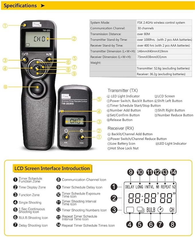 Pixel TW-283 DC0 Wireless Remote Shutter Release Cable Wired Timer Remote Control for Nikon Z9 D850 D800 D810 D700 D500 D300 D300S D200 F100 D6 D5 D4 D3 D2 D1
