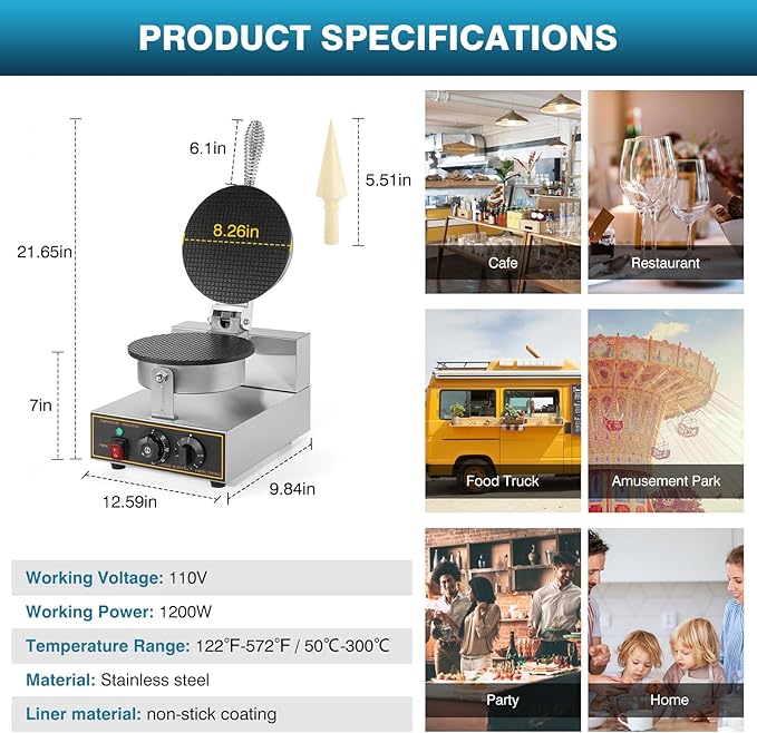 IRONWALLS Commercial Waffle Cone Maker Machine, 110V 1200W Stainless Steel Electric Ice Cream Cone Waffle Maker Machine with 8.3” Non-stick Baking Tray, Temperature & Time Control for Restaurant
