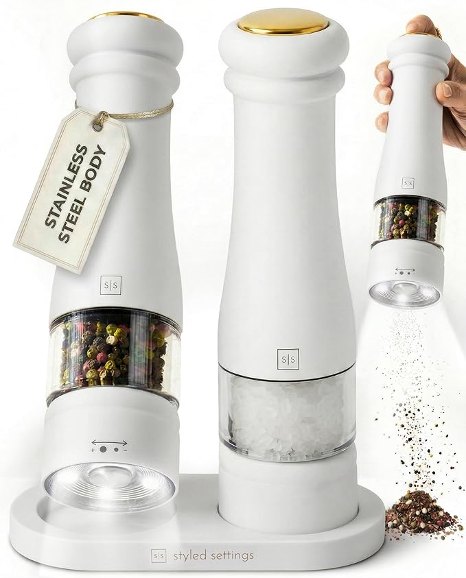 Electric Salt and Pepper Grinder Set - Styled Settings White Electric Salt and Pepper Shakers, Automatic Stainless Steel Set with LED Light, Battery Operated, Adjustable Coarseness, Wood Base