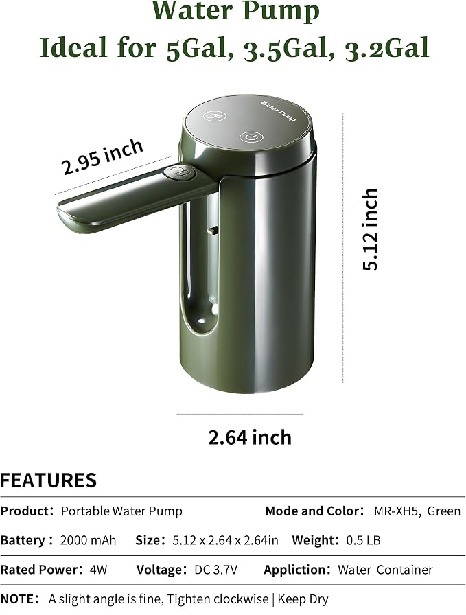 UPWOIGH Automatic Water Pump for Square Camping Water Jug, Screw-Lock Fit 1.97in (50mm) Outer Thread Only, Type-C Rechargeable Touch Dispenser, Green, Not for Standard Bottles
