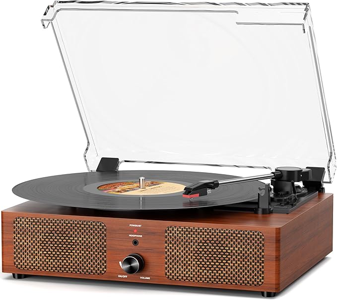 Vintage Wooden Record Player with Bluetooth 3-Speed Belt-Driven Turntable Built-in Speakers, Beginner Friendly Retro Phonograph for Home Decor, for Vinyl Enthusiasts (Walnut Finish)