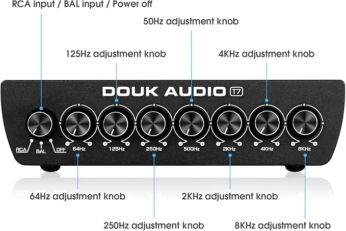 Douk Audio 7 Band Equalizer Balanced EQ Audio Preamp with XLR RCA Input and Output for Home Stereo, Amplifier, Computer Speaker (T7)