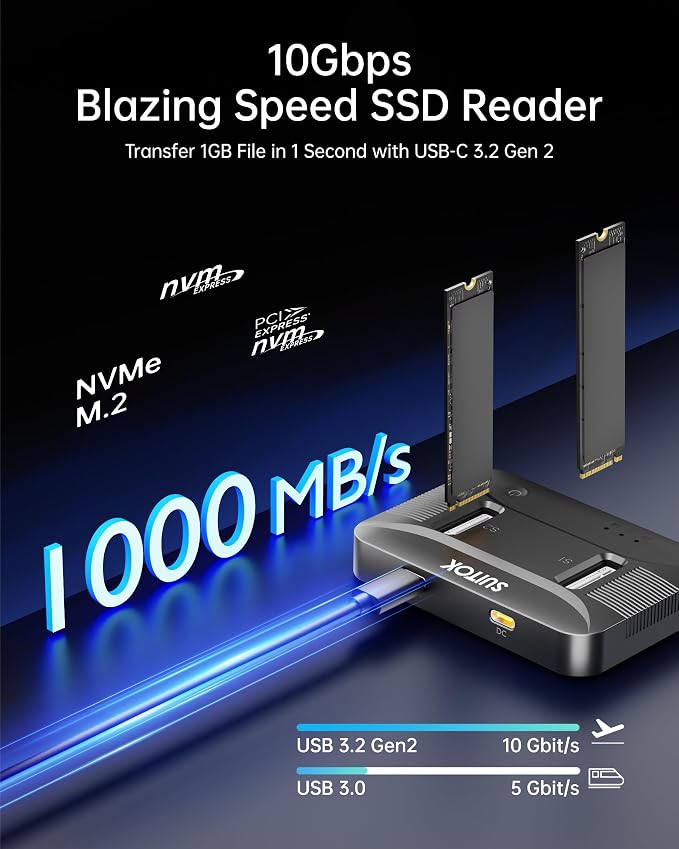 Dual-Bay NVMe M.2 SSD Reader 10Gbps USB C 3.2 Gen 2 Adapter Docking Station for 22110 2280 Gen4 PCIe Hard Drive 16TB External Enclosure Tool-Free Hot-Swap Black for PC PS5 Laptop - STK07 Lite