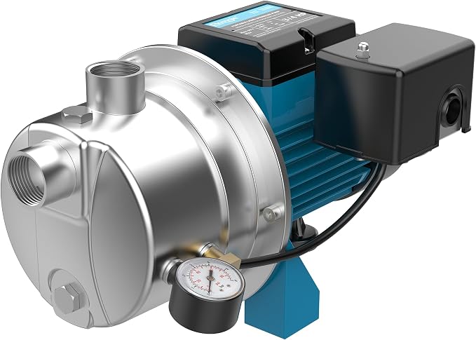 3/4HP Shallow Well Pump, 1100GPH Stainless Steel Sprinkler Booster Pump, Well Depth Up to 25FT, Automatic Pressure Switch, Water Transfer Draining Irrigation Pump Max. Head 115FT for Lawn