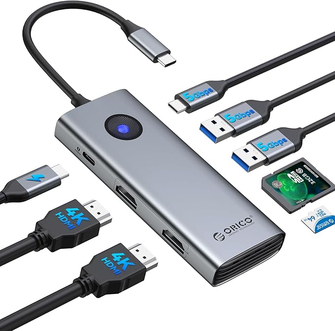 ORICO USB C Docking Station Dual Monitor, 8-in-1 Laptop Docking Station with 2 HDMI 4K@60Hz, 100W PD, USB-A&C 3.0, SD/TF, USB C Dock Compatible with MackBook/Dell XPS/HP/Surface