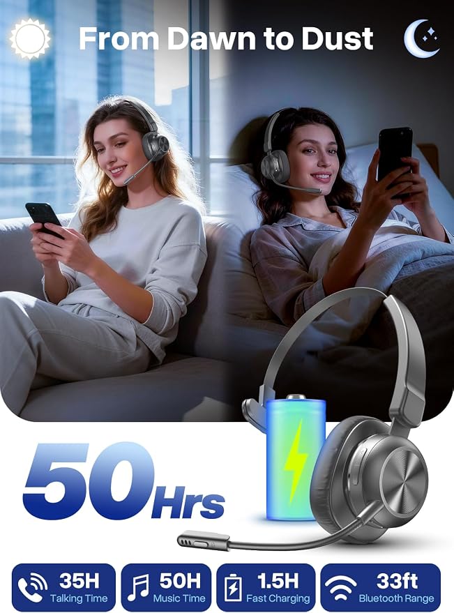 Bluetooth Headset with USB Dongle, Trucker Bluetooth Headset with AI Noise Cancelling Microphone & Mute Button, 50Hrs Single Ear Wireless Headphones for Truck Driver Phone Computer Office Work, Ash