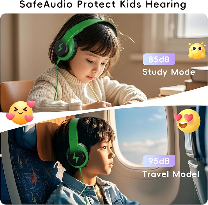 Candy Bila Kids Headphones, Wired Headphones for Kids Over Ear with Microphone, Foldable Headphone for Learning & Entertainment, Black and Green