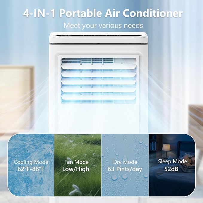 Electactic 10000BTUs Portable Air Conditioner for Bedroom with Drainage-free Cooling, 4 in 1 Portable AC Units with Cool, Fan, Dehumidifier, Sleep, 24H Timer/Remote/Window Kits