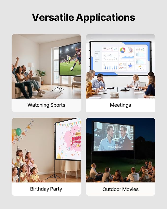 VEVOR Projector Screen with Stand, 100 Inch 160° Wide Angle Indoor Outdoor Projection Screen, 16:9 4K HD Wrinkleless Portable Dual-Tripod Screens with Carry Bag, for Movie Home Theater Presentation