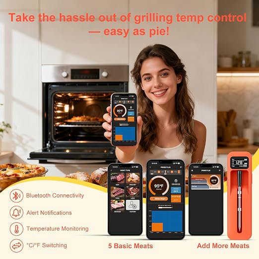 Smart Bluetooth Wireless Meat Thermometer with Ceramic Probe,±1°F Accuracy,IPX8,Real-Time Readings from App or Standalone Display Base for BBQ,Grill,Smoker,Steak,Turkey,Chicken,Pork,Lamb