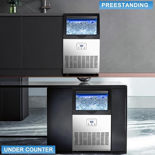 90LBS/24H Commercial Ice Maker Machine, Undercounter or Freestanding Stainless Steel Ice Machine with 25LBS Storage, 32 Cubes/Cycle, Self-Cleaning & Quiet Operation for Home, Bar, Restaurant