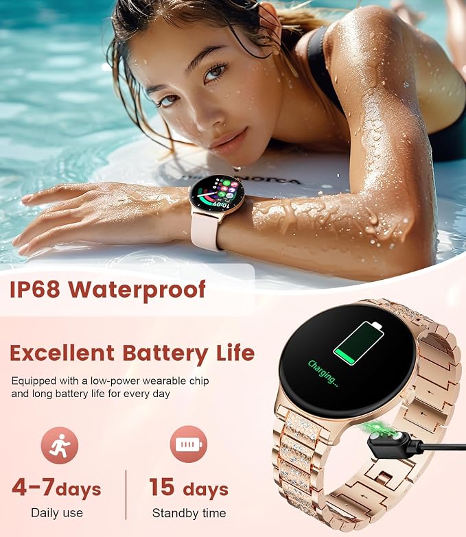 LIGE Ultra-Thin Smart Watch for Women,1.43" Always-on Display Smart Watch with Bluetooth Call,Health Tracker 100+ Sports Modes, Mutifuction Women Smartwatch for Android iOS 2 Straps(Gold)