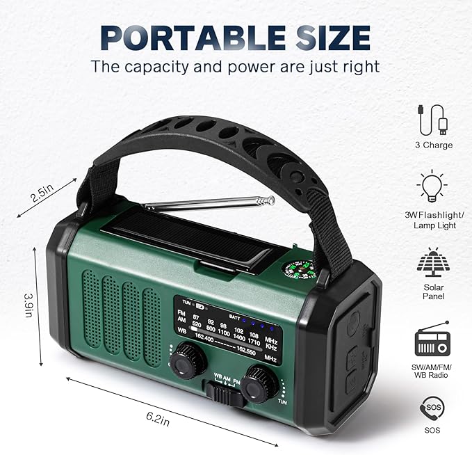 NOAA Emergency Weather Radio,Best Portable 10000mAh Battery/Hand Crank/Solar Powered AM/FM Wind Up Radios,Type-C Phone Charger,Flashlight,Reading Lamp,Compass,SOS Survival Alert,Power Outages Outdoor