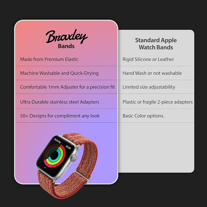Braxley Bands for Apple Watches - Stretchy and Washable - Adjustable with Apple Watch Bands for Women & Men - Compatible with Apple Watch Series SE Ultra 9 8 7 6 5 4 3 2 1