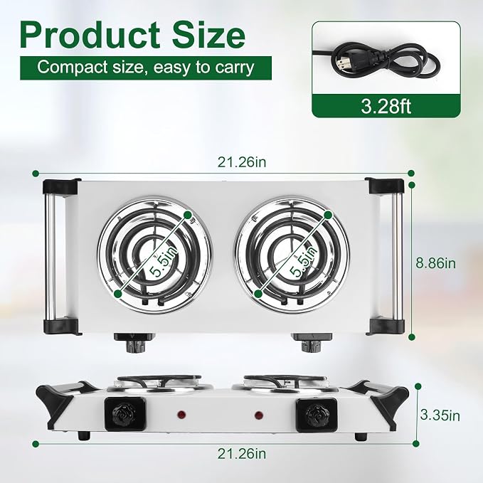 2000W Double Burner Electric, Portable Hot Plate for Cooking, Cooking Stove with 5 Temperature Adjustments, Countertop Burner Cooktop for Kitchen, Dorm
